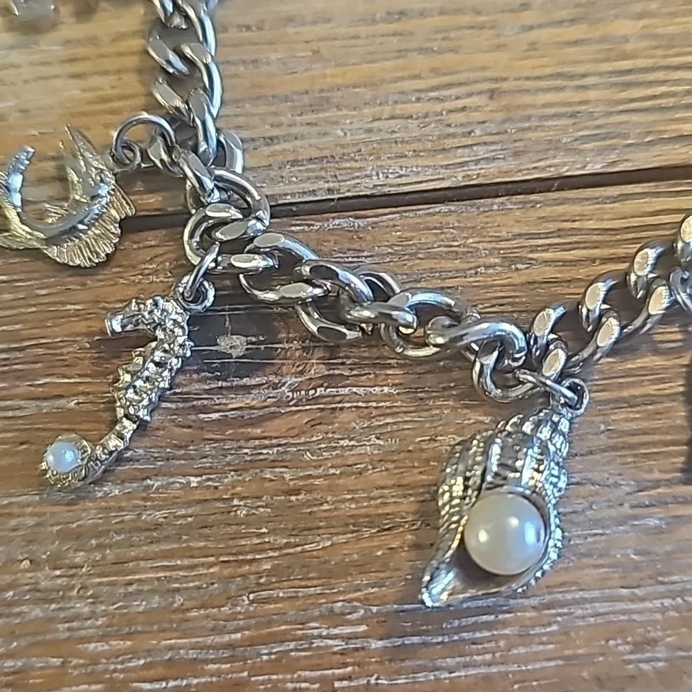 Chunky Charm Bracelet, Vintage Nautical Ocean Vacation Theme, Silvertone